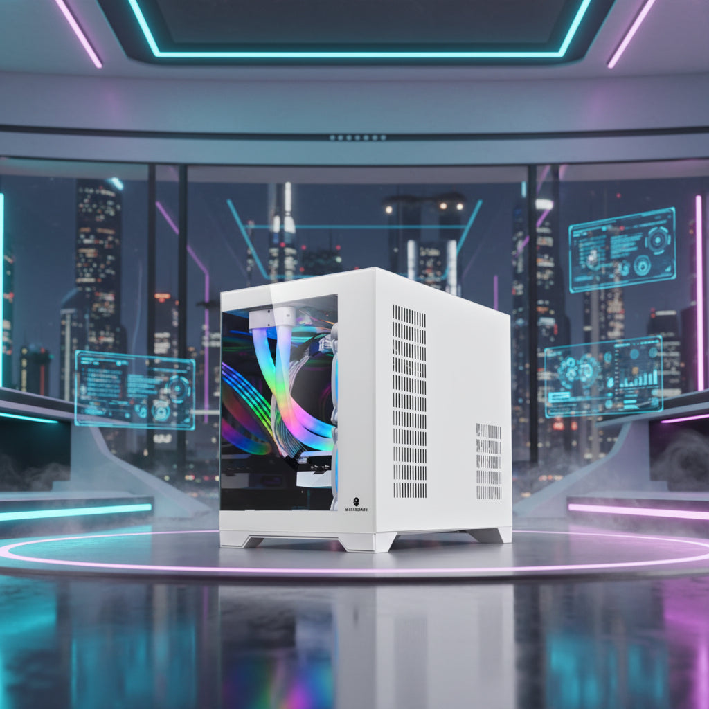 Boîtier PC Gaming Verre Panoramique 360° — M-ATX ITX Watercooling 360 RGB — Noir / Blanc