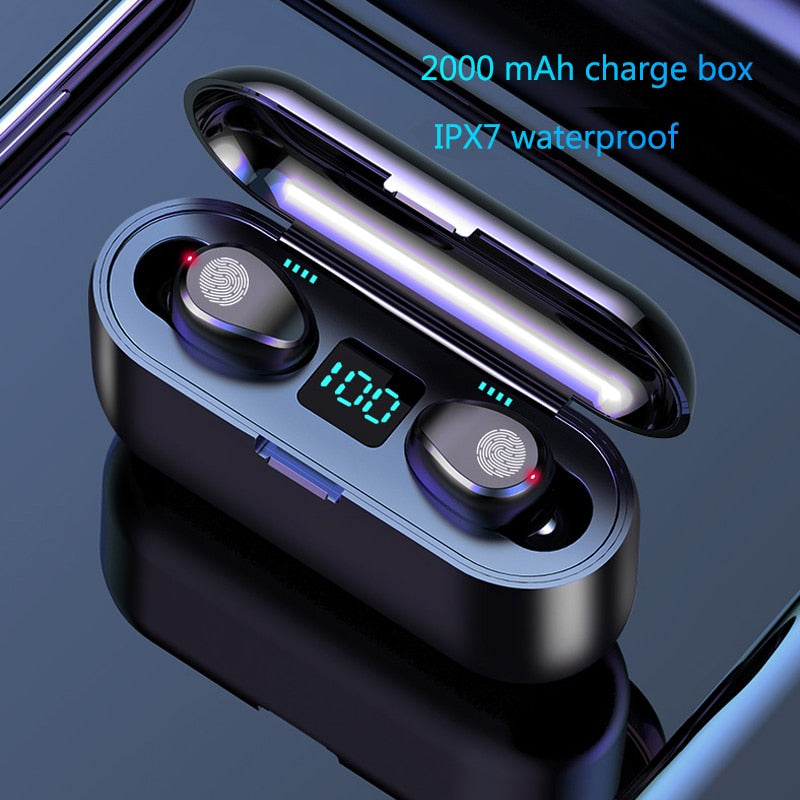 Écouteurs Bluetooth Sans Fil TWS IPX7 — Boîtier Charge 2000 mAh Affichage LED — Noir / Rouge / Blanc