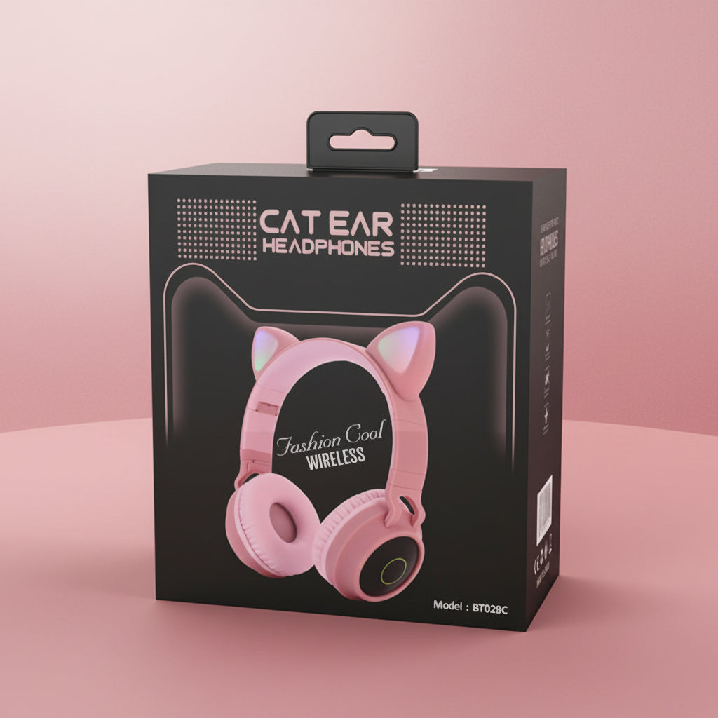 Casque Bluetooth 5.0 Oreilles de Chat LED — Sans Fil Pliable Micro Intégré Enfants Ado — Rose / Bleu / Violet / Gris / Bleu-Vert