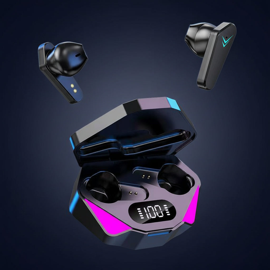 Écouteurs Gaming TWS Zéro Latence Bluetooth — Boîtier RGB Affichage LED Design Gaming — Noir / Cyan