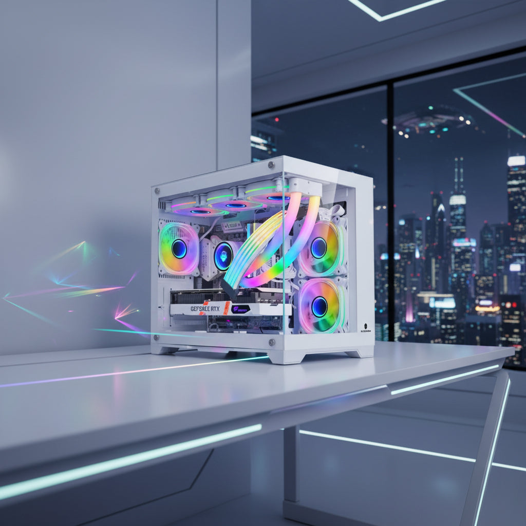 Boîtier PC Gaming Verre Panoramique 360° — M-ATX ITX Watercooling 360 RGB — Noir / Blanc