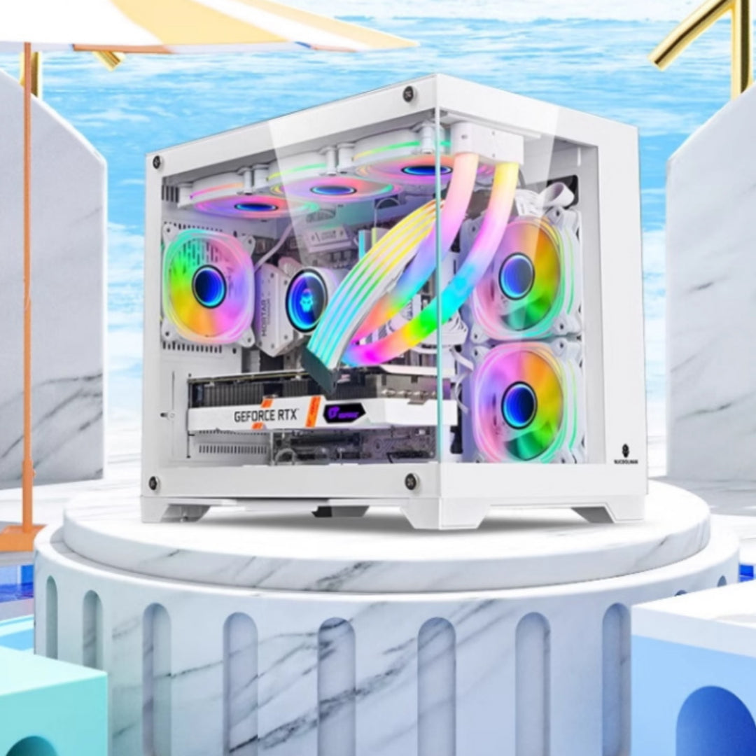 Boîtier PC Gaming Verre Panoramique 360° — M-ATX ITX Watercooling 360 RGB — Noir / Blanc