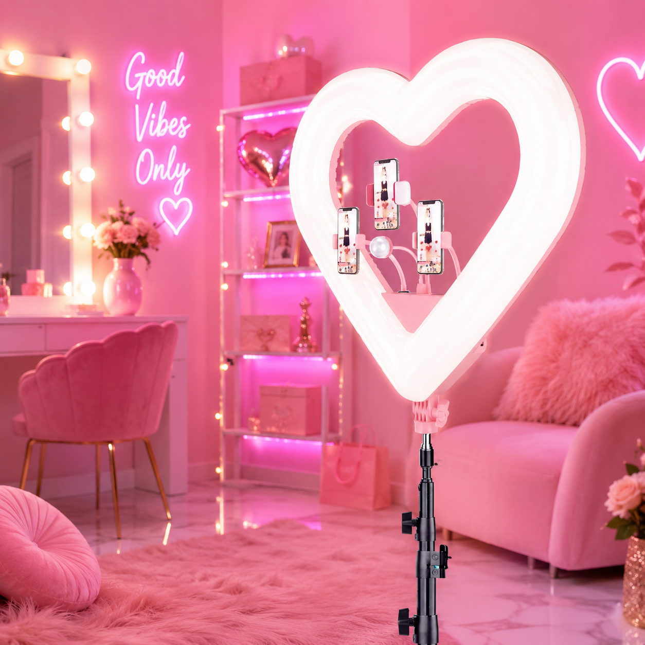 Ring Light Cœur RGB Trépied — Lampe Fill Light Live Streaming TikTok Photo Vidéo — Rose / Multicolore