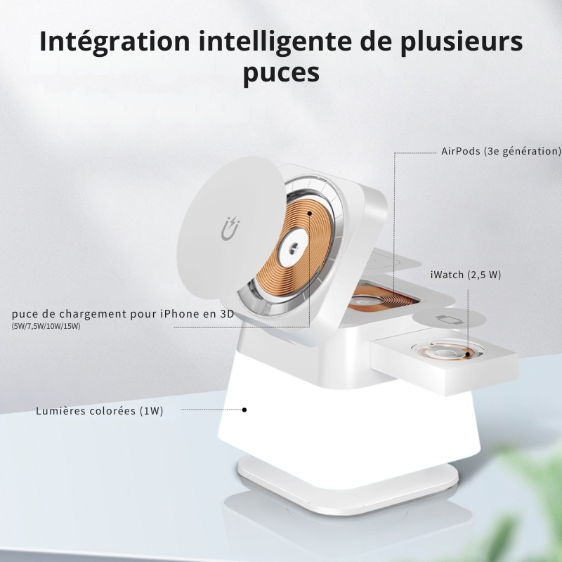 Chargeur Sans Fil Magnétique 4 en 1 — Station de Charge Rapide iPhone 15 14 13 12 Pro Max AirPods Apple Watch — Noir / Blanc