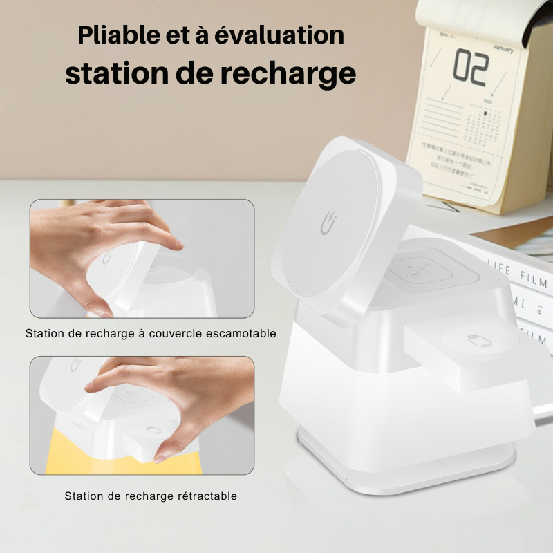 Chargeur Sans Fil Magnétique 4 en 1 — Station de Charge Rapide iPhone 15 14 13 12 Pro Max AirPods Apple Watch — Noir / Blanc