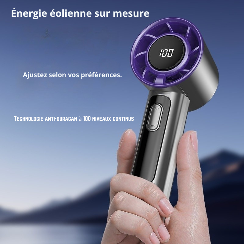 Ventilateur Portable Rechargeable USB 100 Vitesses — Mini Ventilateur Main Affichage LED Sans Fil Été — Gris / Or / Bleu