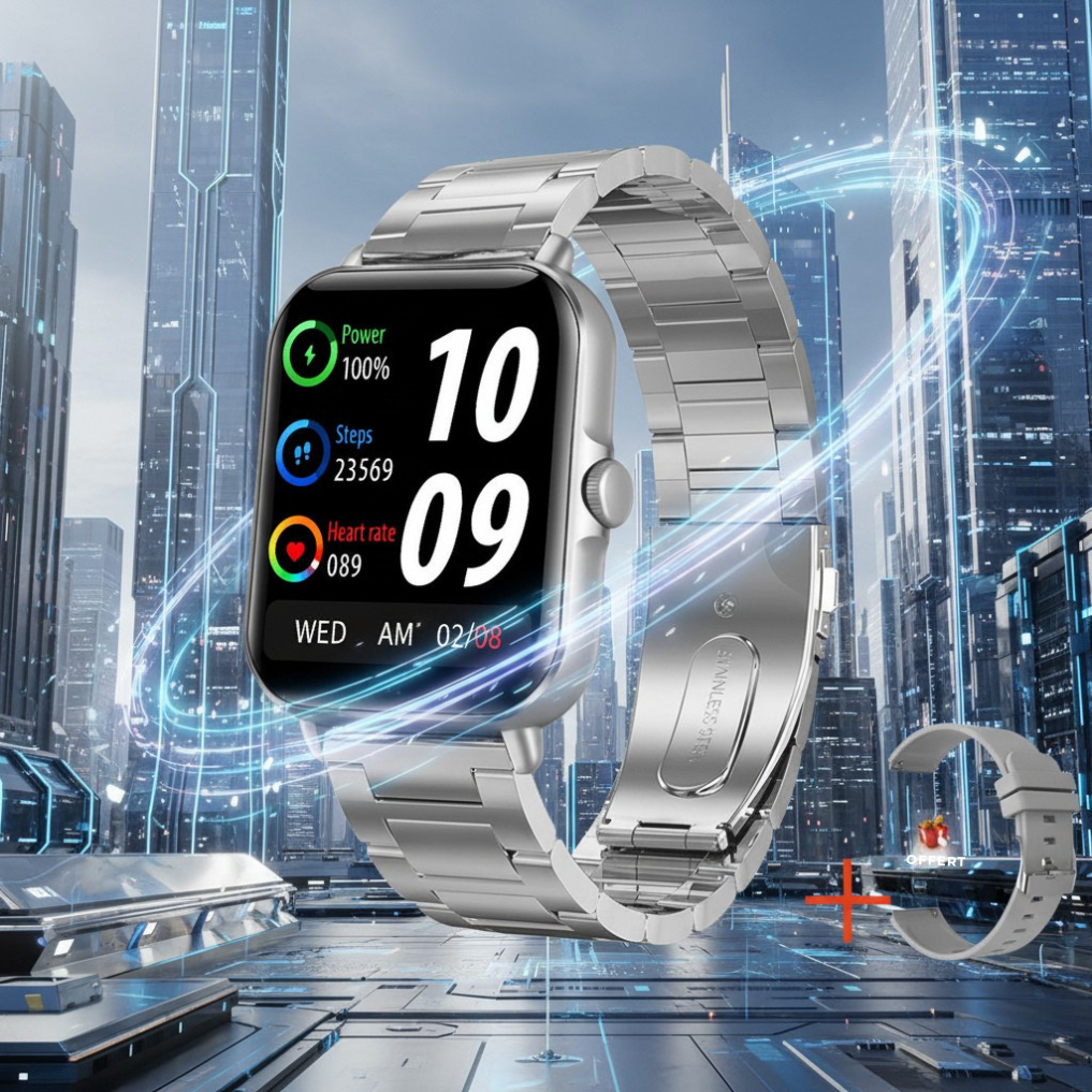 Montre Fitness Ronde — 100+ Sports, Appels BT, 20J Autonomie