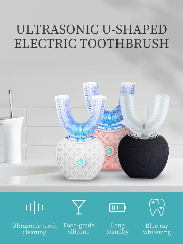 U Shape Ultrasonic Toothbrush in white and black colors, featuring ergonomic design and unique cleaning bristles.
