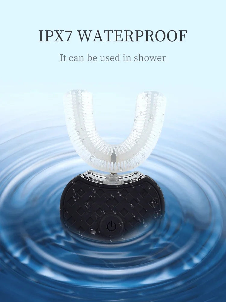 U Shape Ultrasonic Toothbrush in white and black colors, featuring ergonomic design and unique cleaning bristles.