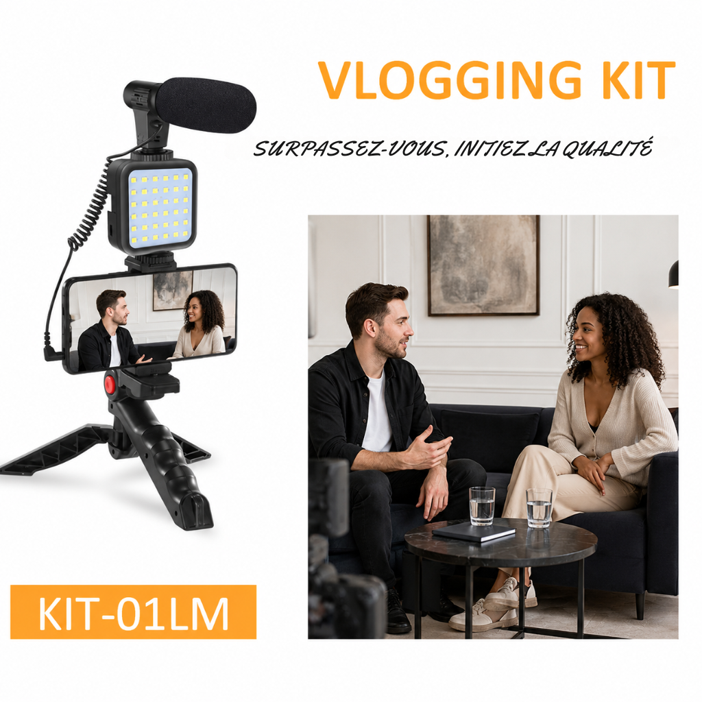 Kit Vlogging Complet Smartphone — Microphone Shotgun + Lumière LED 36 + Trépied + Télécommande