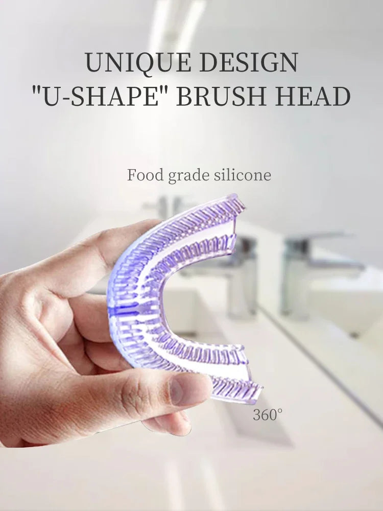 U Shape Ultrasonic Toothbrush in white and black colors, featuring ergonomic design and unique cleaning bristles.