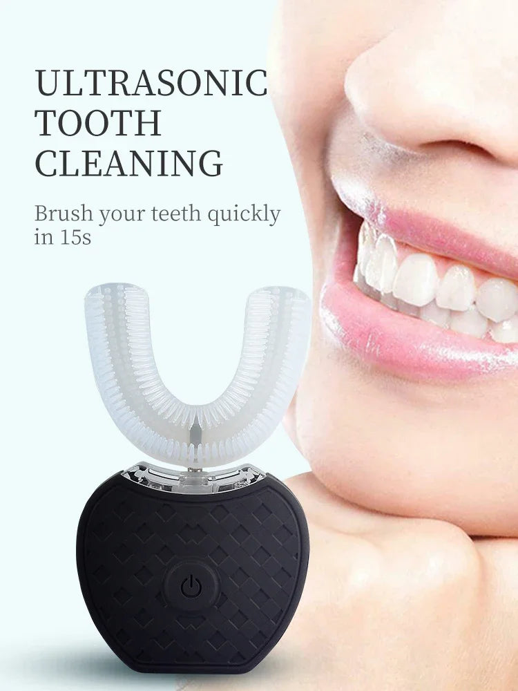 U Shape Ultrasonic Toothbrush in white and black colors, featuring ergonomic design and unique cleaning bristles.