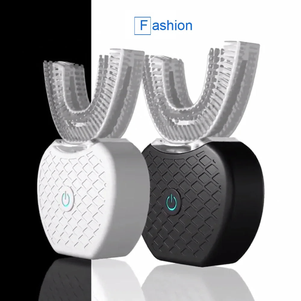U Shape Ultrasonic Toothbrush in white and black colors, featuring ergonomic design and unique cleaning bristles.