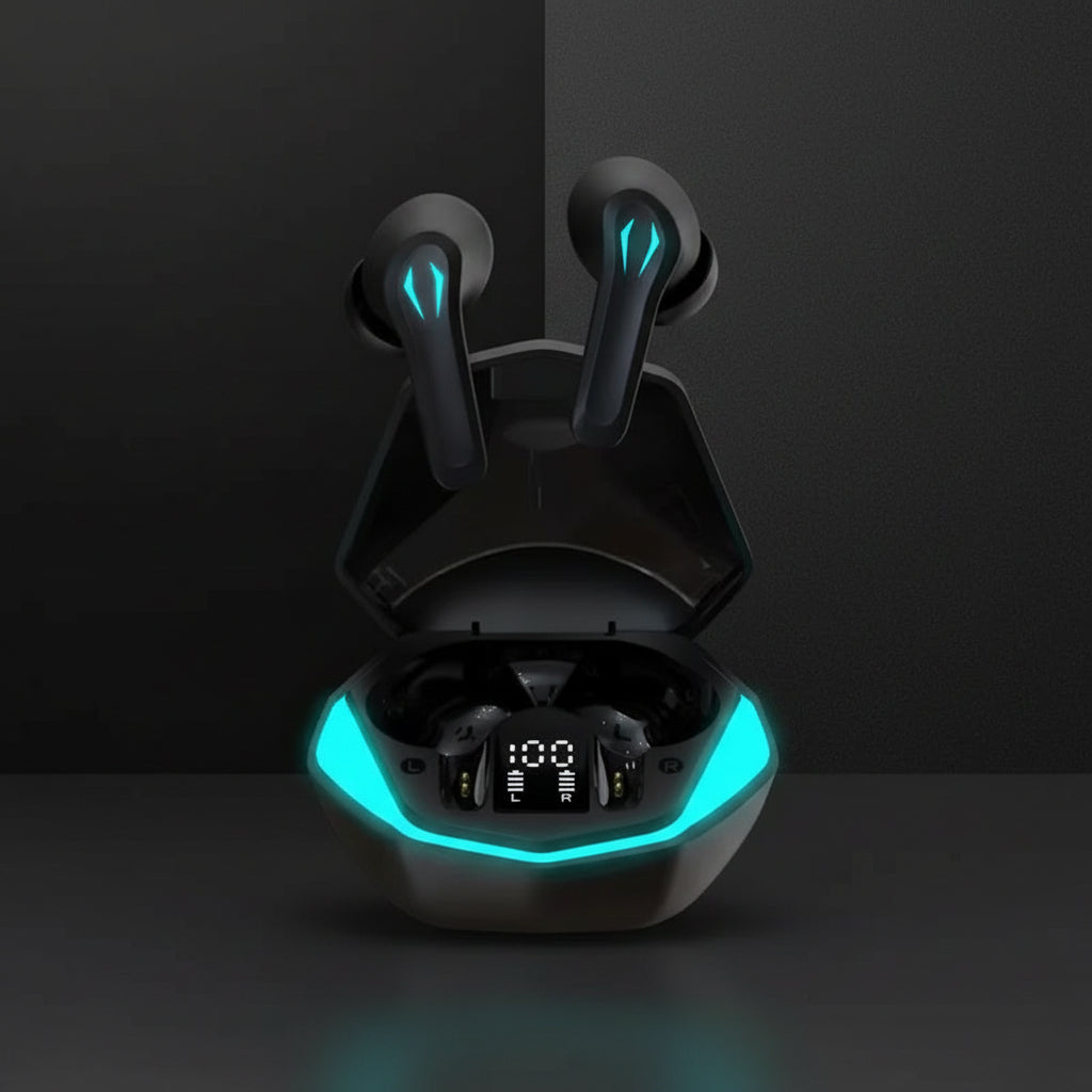 Écouteurs Gaming TWS Zéro Latence Bluetooth — Boîtier RGB Affichage LED Design Gaming — Noir / Cyan