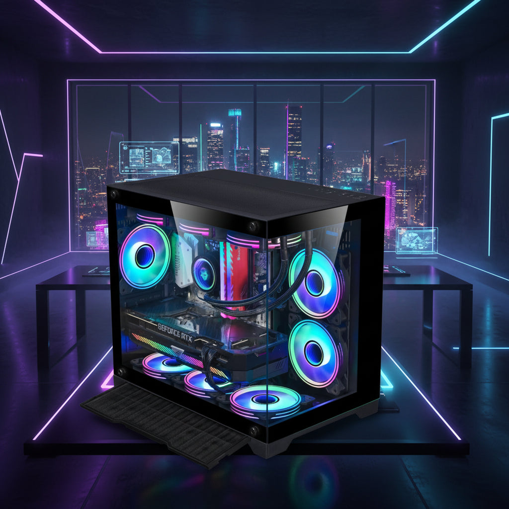 Boîtier PC Gaming Verre Panoramique 360° — M-ATX ITX Watercooling 360 RGB — Noir / Blanc