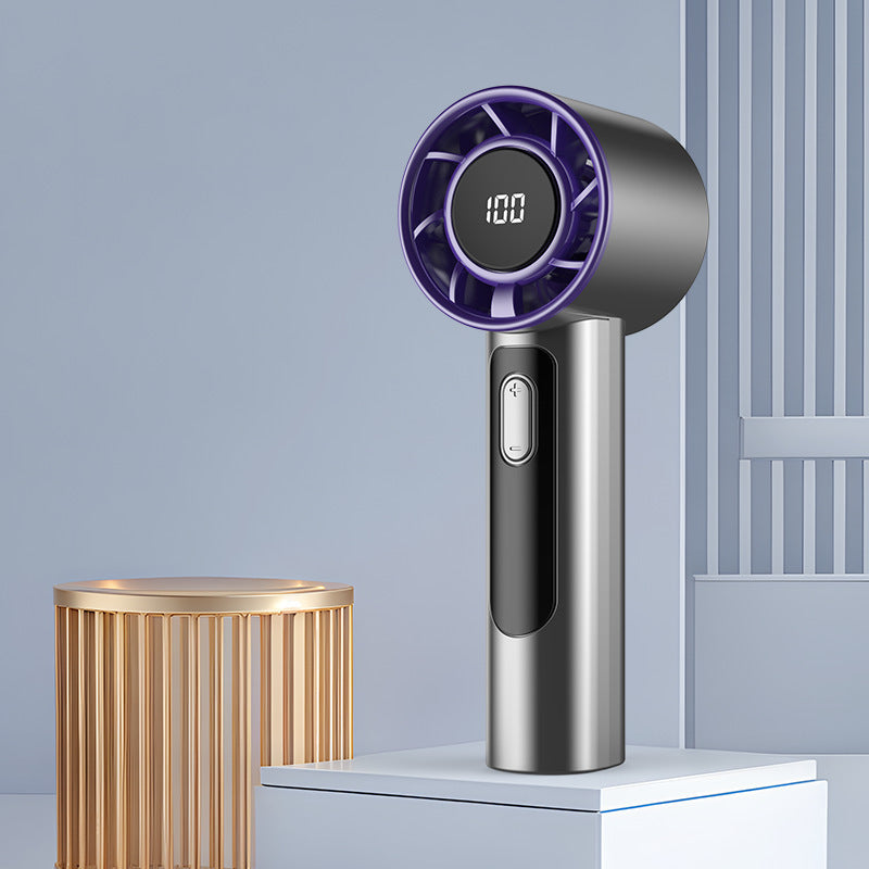 100-Speed USB Rechargeable Portable Fan — Mini Handheld LED Display Cordless Summer Fan — Grey / Gold / Blue