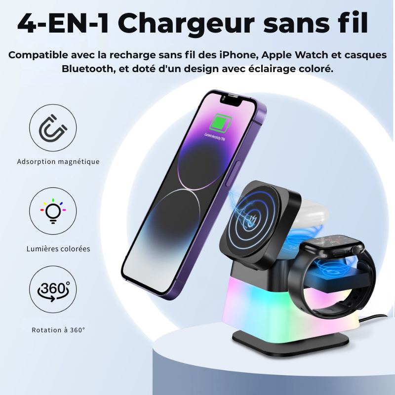 Chargeur Sans Fil Magnétique 4 en 1 — Station de Charge Rapide iPhone 15 14 13 12 Pro Max AirPods Apple Watch — Noir / Blanc