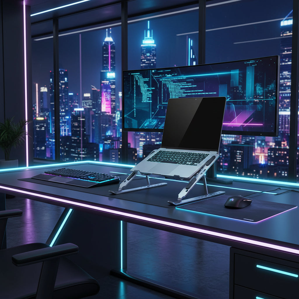 Support Laptop Aluminium Ventilateurs RGB — Rehausseur PC Portable Pliable Refroidissement Actif USB — Argent / Noir