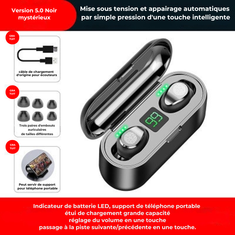 Wireless Bluetooth TWS IPX7 Earphones — 2000 mAh Charging Case LED Display — Black / Red / White