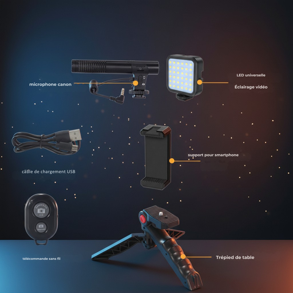 Complete Smartphone Vlogging Kit — Shotgun Microphone + 36-LED Light + Tripod + Remote Control
