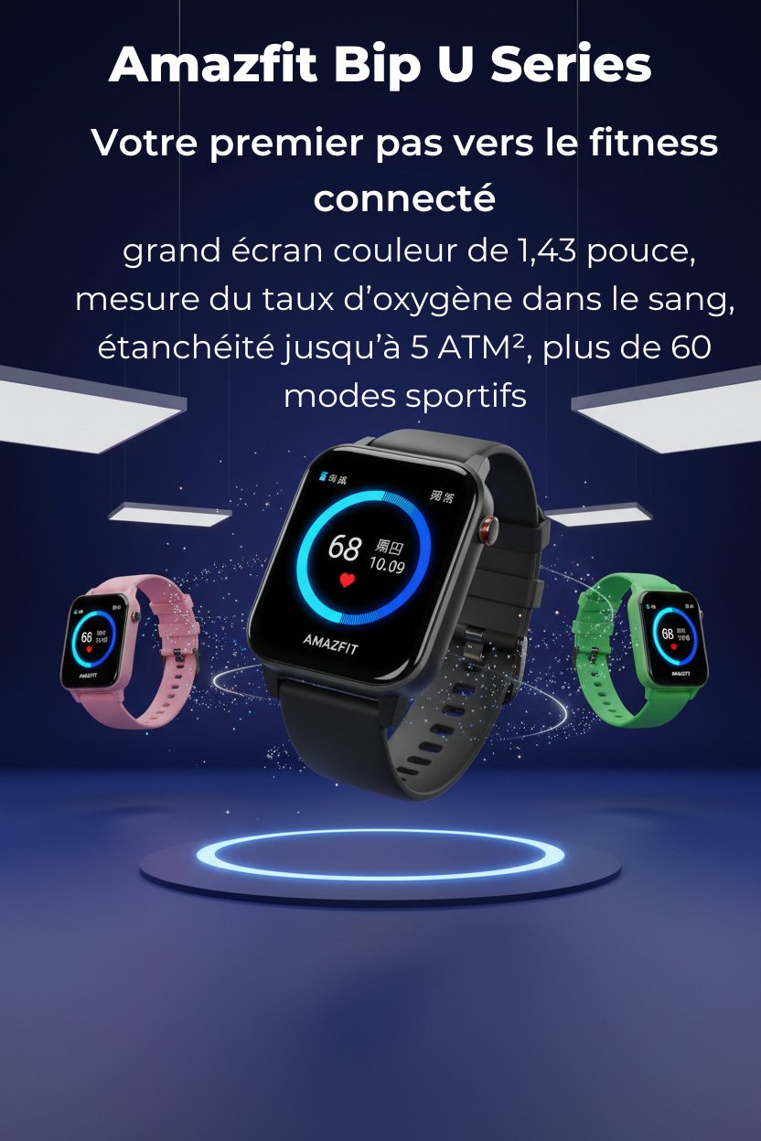 Amazfit Bip U — 60+ Sports, Étanche 50m, SpO2, 31g Ultra-Léger