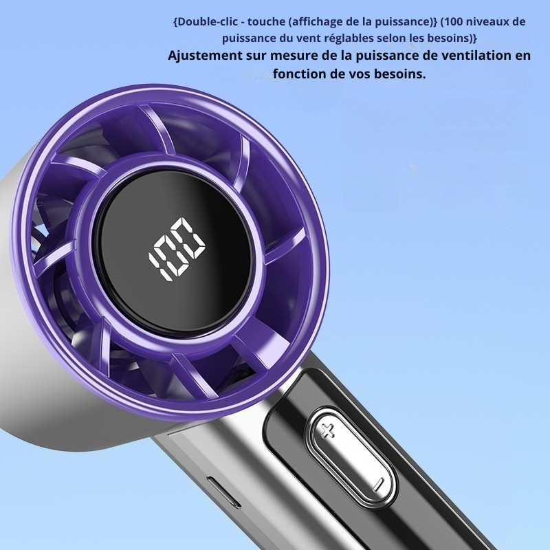 100-Speed USB Rechargeable Portable Fan — Mini Handheld LED Display Cordless Summer Fan — Grey / Gold / Blue